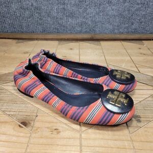 Tory Burch Reva Bauer 5.5M Ballet Flats Slip On Shoes Red Multi Stripe Canvas